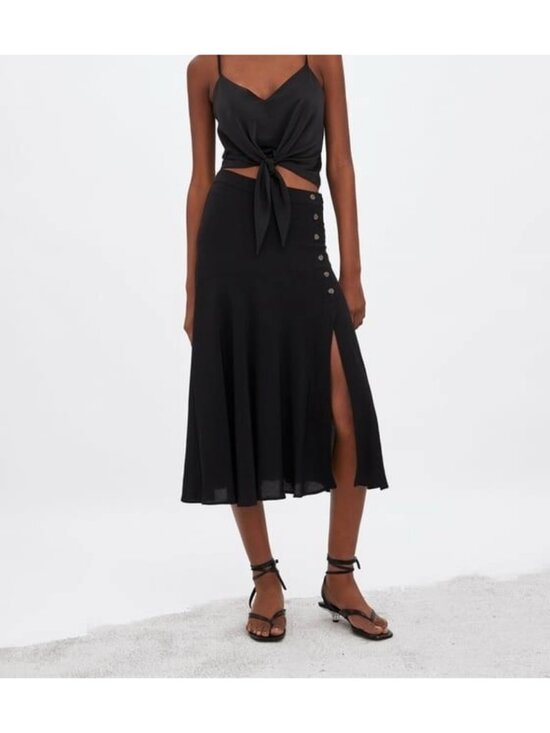 Zara Dresses & Skirts - NWT ZARA Women's Black High Waisted Midi Skirt with Side Slit & Buttons Sz S